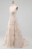 Floral Printed A Line Ivory Strapless Wedding Dress
