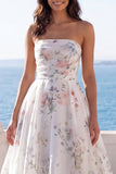Floral Printed A Line Ivory Strapless Wedding Dress
