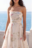 Floral Printed A Line Ivory Strapless Wedding Dress