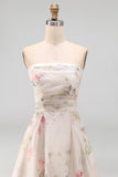 Floral Printed A Line Ivory Strapless Wedding Dress