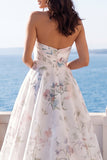 Floral Printed A Line Ivory Strapless Wedding Dress