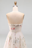 Floral Printed A Line Ivory Strapless Wedding Dress