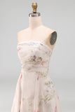 Floral Printed A Line Ivory Strapless Wedding Dress