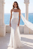 Ivory Strapless Corset Sequin Pearl Mermaid Wedding Dress with Scarf