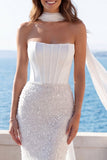 Ivory Strapless Corset Sequin Pearl Mermaid Wedding Dress with Scarf