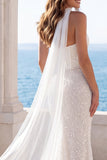 Ivory Strapless Corset Sequin Pearl Mermaid Wedding Dress with Scarf