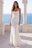 Sparkly Ivory Spaghetti Straps Mermaid Wedding Dress with Pearls