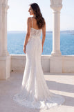 Sparkly Ivory Spaghetti Straps Mermaid Wedding Dress with Pearls