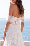 Off the Shoulder Ivory Embroidered Corset A Line Wedding Dress