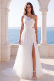 One Shoulder Ivory Cut Out A Line Wedding Dress with Slit