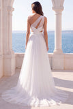 One Shoulder Ivory Cut Out A Line Wedding Dress with Slit