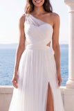 One Shoulder Ivory Cut Out A Line Wedding Dress with Slit