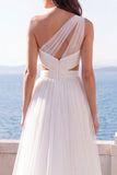 One Shoulder Ivory Cut Out A Line Wedding Dress with Slit