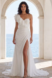 One Shoulder Ruched Ivory Mermaid Wedding Dress with Slit