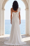 One Shoulder Ruched Ivory Mermaid Wedding Dress with Slit