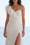 One Shoulder Ruched Ivory Mermaid Wedding Dress with Slit