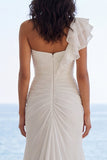 One Shoulder Ruched Ivory Mermaid Wedding Dress with Slit