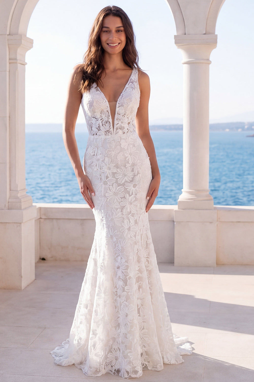 Wedtrend Women Ivory Wedding Dress Embroidered Mermaid V-Neck Wedding Reception Dress, Ivory / US22W
