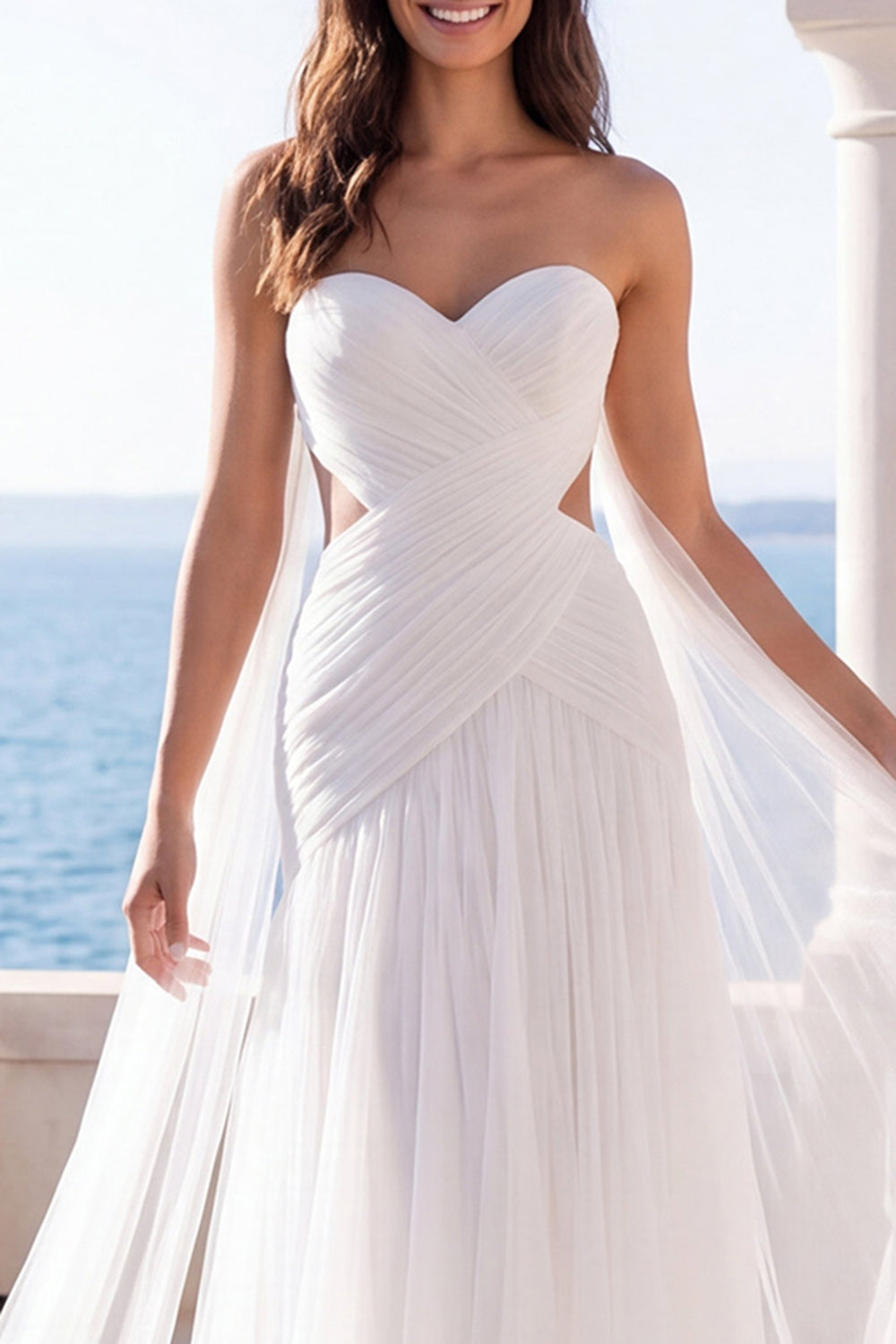 Wedtrend Women Ivory Beach Wedding Dress A Line Sweetheart Ruched Cut Out Bridal Dress, Ivory / US18W