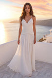 Ivory Ruched A Line V-Neck Beach Wedding Dress with Pearls
