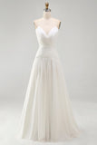 Ivory Ruched A Line V-Neck Beach Wedding Dress with Pearls