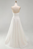 Ivory Ruched A Line V-Neck Beach Wedding Dress with Pearls