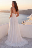 Ivory Ruched A Line V-Neck Beach Wedding Dress with Pearls