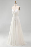 Ivory Ruched A Line V-Neck Beach Wedding Dress with Pearls