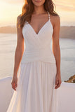 Ivory Ruched A Line V-Neck Beach Wedding Dress with Pearls