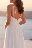 Ivory Ruched A Line V-Neck Beach Wedding Dress with Pearls
