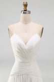 Ivory Ruched A Line V-Neck Beach Wedding Dress with Pearls