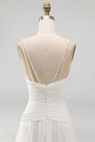 Ivory Ruched A Line V-Neck Beach Wedding Dress with Pearls