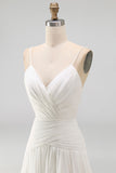 Ivory Ruched A Line V-Neck Beach Wedding Dress with Pearls