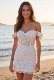 Ivory Off the Shoulder Lace Corset Short Wedding Dress with Bows