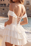 Off the Shoulder Ruffled A Line Ivory Corset Short Graduation Dress with Bow