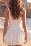 One Shoulder Ivory Ruched Ruffled Short Graduation Dress with 3D Flowers