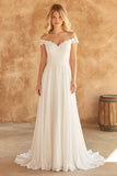 Off the Shoulder Ivory A Line Wedding Dress with Lace