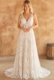 Boho Ivory Lace V-Neck Corset A Line Wedding Dress