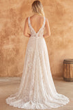 Boho Ivory Lace V-Neck Corset A Line Wedding Dress