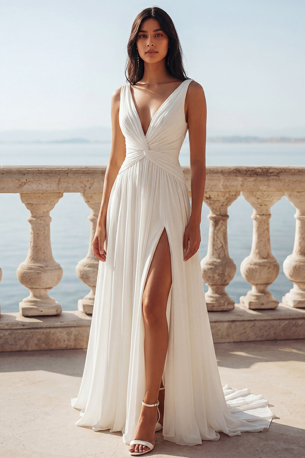 Wedtrend Women Ivory Wedding Dress with Slit V-Neck A Line Twist Front Ruched Bridal Dress, Ivory / US24W
