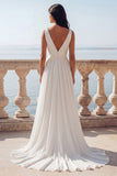 Ivory V-Neck Ruched Twist Front A Line Wedding Dress with Slit