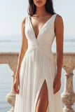 Ivory V-Neck Ruched Twist Front A Line Wedding Dress with Slit