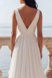 Ivory V-Neck Ruched Twist Front A Line Wedding Dress with Slit