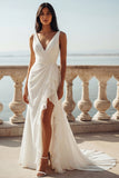 Ivory V-Neck Ruched Ruffled Mermaid Wedding Dress with Slit