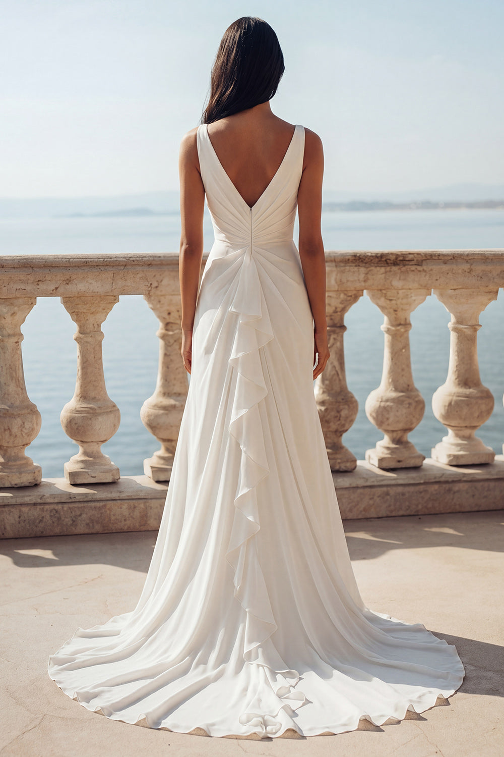 ivory ruched wedding dress ZAPAKA Women Ivory Ruched Wedding Dress with Slit Long Sleeve V Neck Satin Sheath Long Bridal Dress, Ivory / US16W