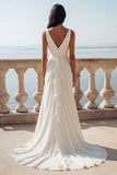 Ivory V-Neck Ruched Ruffled Mermaid Wedding Dress with Slit