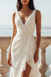 Ivory V-Neck Ruched Ruffled Mermaid Wedding Dress with Slit