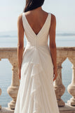 Ivory V-Neck Ruched Ruffled Mermaid Wedding Dress with Slit