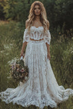 2 Piece Ivory Lace Off the Shoulder Corset Boho Wedding Dress