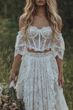 2 Piece Ivory Lace Off the Shoulder Corset Boho Wedding Dress